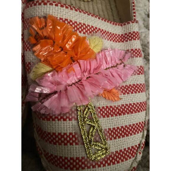 J.Crew Red Stripe Espadrilles Raffia Parrot Palm Tree Flats Vacation Cruise 8,5 - Picture 3 of 9